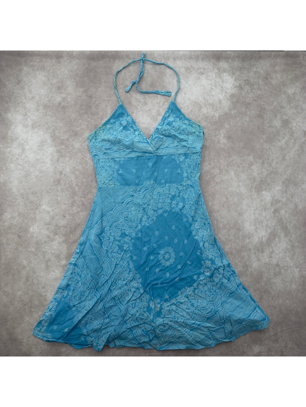 Y2K BLUE PLATE Aqua Bandana Print Halter Mini Dress Vintage Size Medium